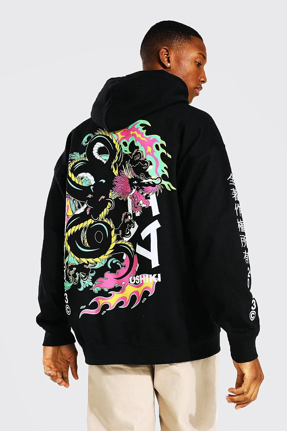 Oversized Dragon Graphic Sleeve Print Hoodie | boohooMAN UK