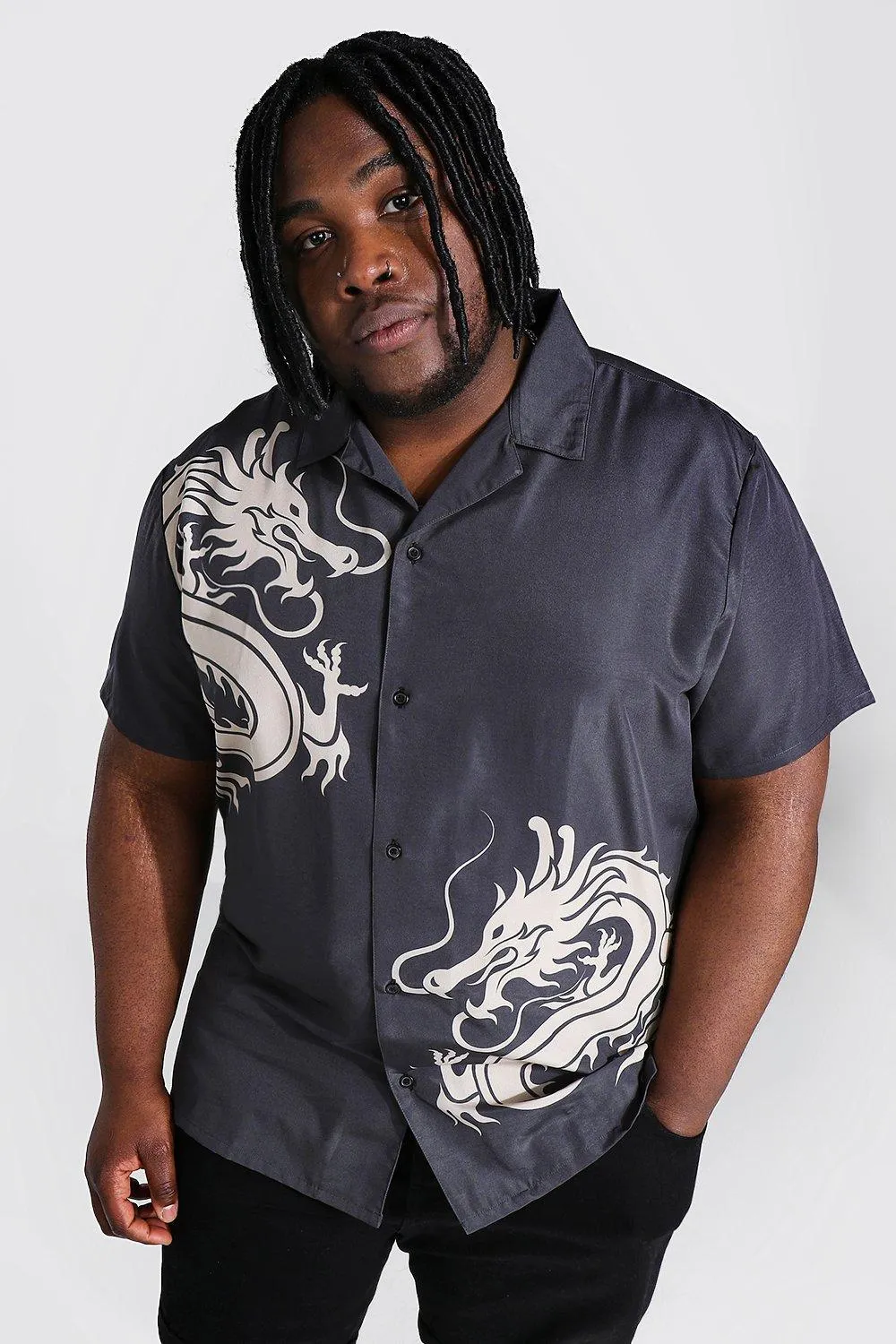 Plus Size Short Sleeve Revere Dragon Shirt